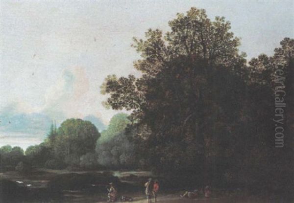 A Wooded Landscape With Sportsmen Shooting Ducks by Pieter Jansz van Asch