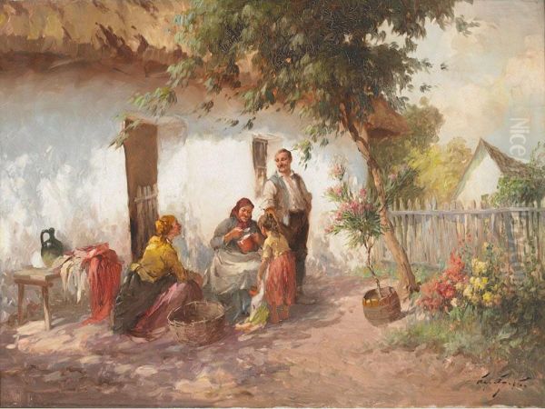 Family On Washday In A Sunlit Yard by Agoston Acs