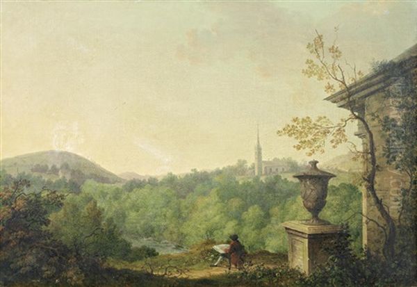 A Landscape Based On Dawson Grove, Co. Monaghan, With The Artist Sketching by William Ashford