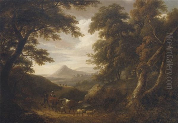 A Wooded Landscape, With Figures And Livestock On A Path And Ruins Beyond by William Ashford