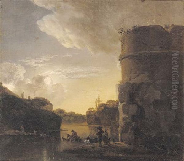 A Moonlit Italianate River Landscape With Figures On A Bank Before A Ruined Tower by Jan Asselijn