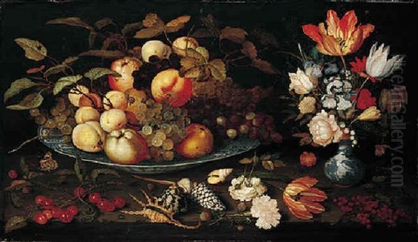 A Still Life Of Apples, Grapes, And Peaches In A Blue And White Porcelain Bowl, A Bouquet Of Tulips, Roses, Irises And Other Flowers In A Vase by Balthasar Van Der Ast