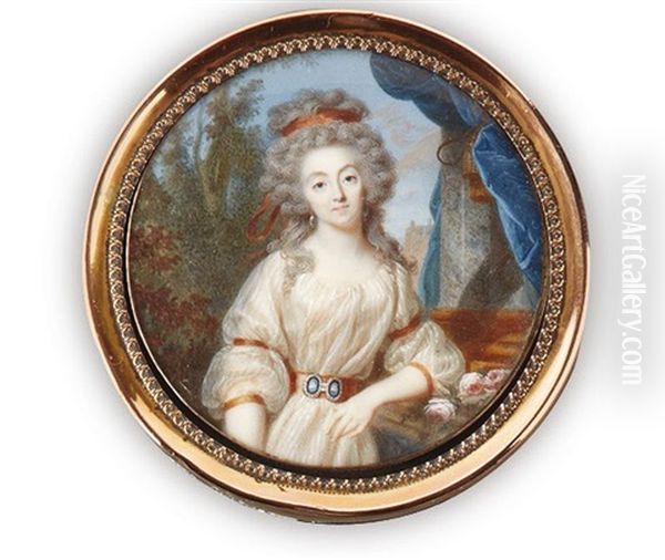 Portrait De Jeune Femme En Robe De Voile Blanc Accoudee Sur Un Entablement, La Coiffure Relevee Retenue Par Un Ruban Ocre, Fond De Paysage by Jean Baptiste Jacques Augustin