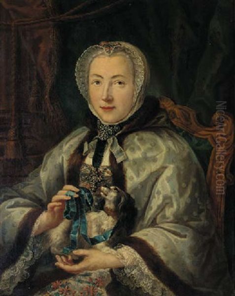 Portrait Of A Lady In A Fur-trimmed Gown, Seated, With A Dog On Her Lap (madame Geoffin?) by Jacques Andre Joseph Aved