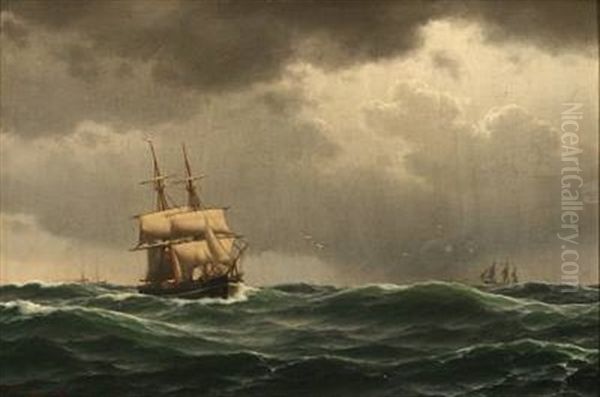 Marine Scene With Sailing Ships In High Waves by Carl Emil Baagoe