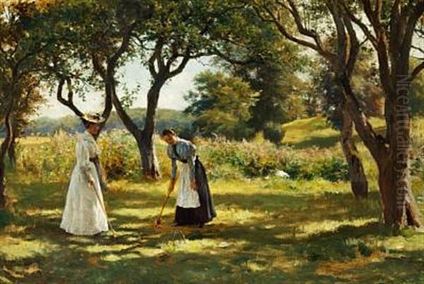 A Garden In Hornbaek. Marie Charlotte And Emilie Are Playing Croquet by Otto Bache