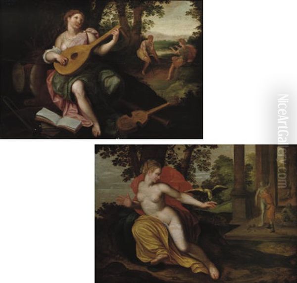 A Woman Playing The Luit (+ A Woman With A Parrot; 2 Works) by Jacob De Backer