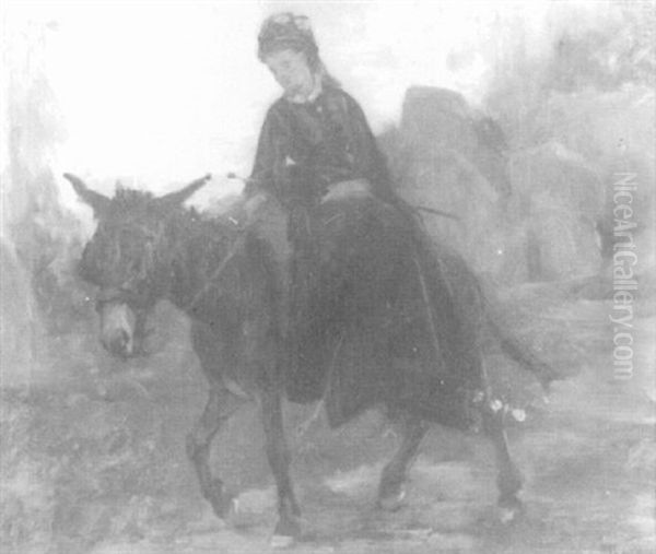 Woman Riding A Donkey Through A Rocky Landscape by Henry Bacon