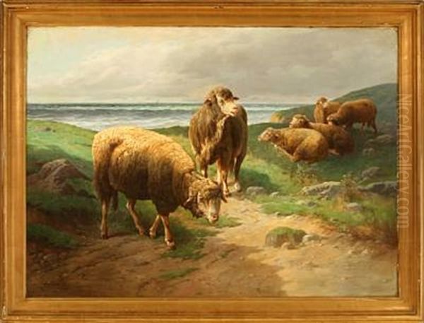 Grazing Sheep On A Beach by Jules Bahieu