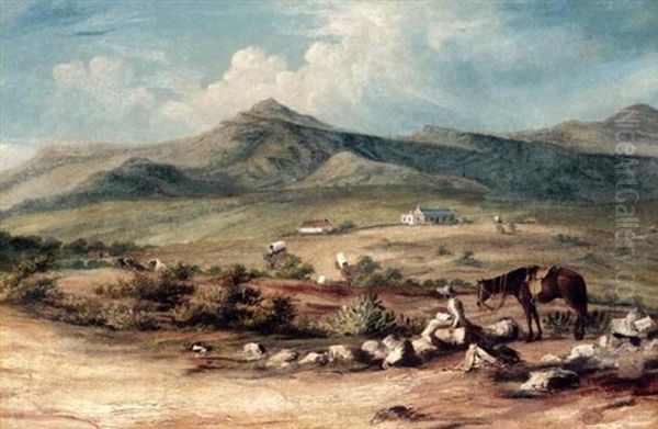 The Artist And His Mount Overlooking A Valley In The Eastern Cape, With A Wagon Train Passing A Farm Below by John Thomas Baines