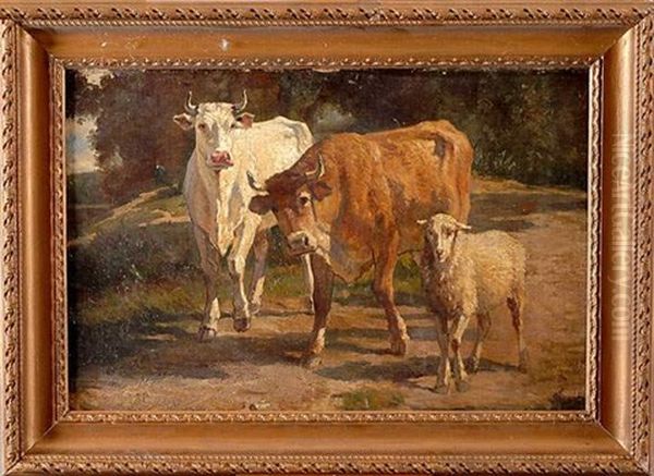 Vaches Et Mouton Sur Un Chemin by William Baptiste Baird