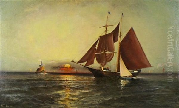 Seascape With Sailboat And Tugboat by Elisha Taylor Baker