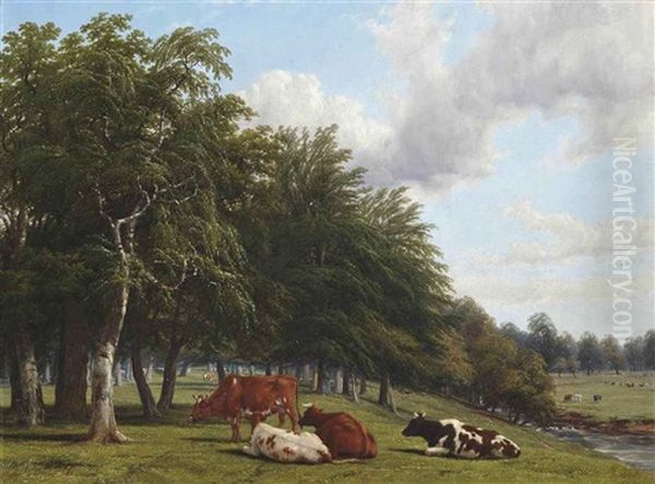 Cattle In Wooded River Landscape by Thomas Baker