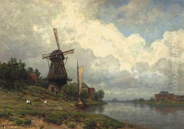 A Cloudy Day: A Windmill By A River by Julius Jacobus Van De Sande Bakhuyzen