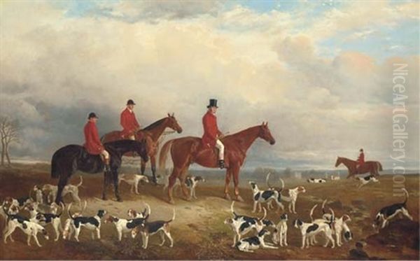 Equestrian Portrait Of Samuel Reynell, Master Of The Meath Hunt, Mounted On A Bay Hunter, With Other Huntsmen And Hounds, Archerstown Beyond by James Walsham Baldock