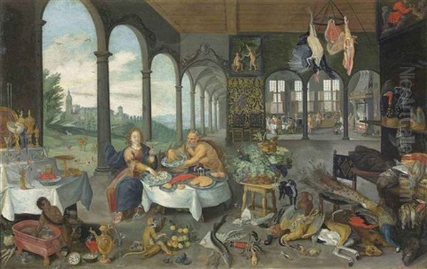 Allegory Of Taste: Figures Feasting In The Loggia Of A Palace by Hendrik van Balen the Elder