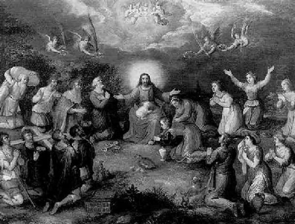 Christ Surrounded By Saints And Angels In A Landscape by Hendrik van Balen the Elder