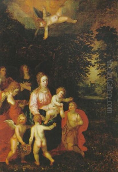 Maria Mit Dem Kind Und Johannesknaben Sowie Engeln In Einer Waldlandschaft by Jan Van Balen