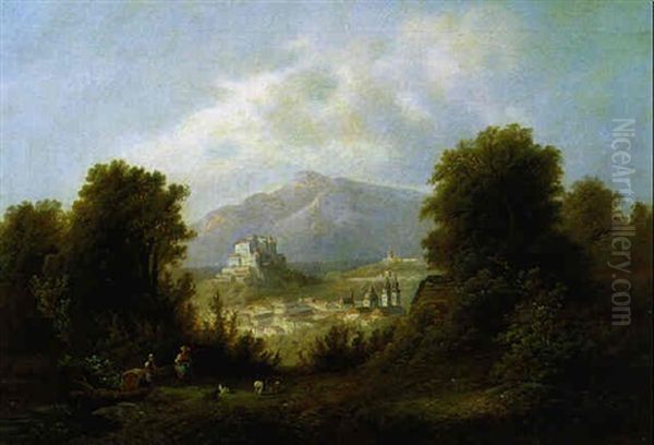 Blick Auf Die Feste Hohensalzburg Mit Dem Untersberg Im Hintergrund by Emil Barbarini