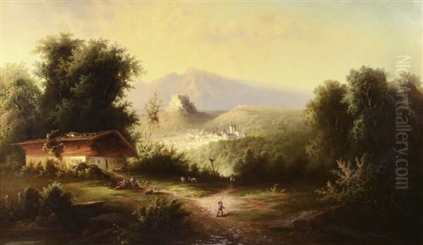 Alpine Landscape. View Of Mountain Landscape With A Tyrolean Landscape, A Castle And A Cottage With Staffage by Franz Barbarini