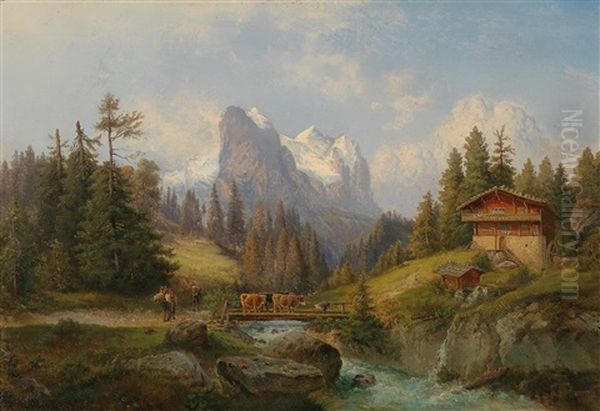 Mountain Landscape With Herd Of Animals And Decorative Figures by Gustav Barbarini