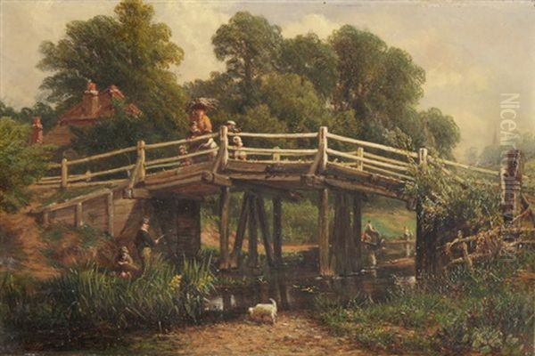 Parklandschaft Mit Kleinem Gewasser, Holzbrucke Und Figurenstaffage by Joseph Barber