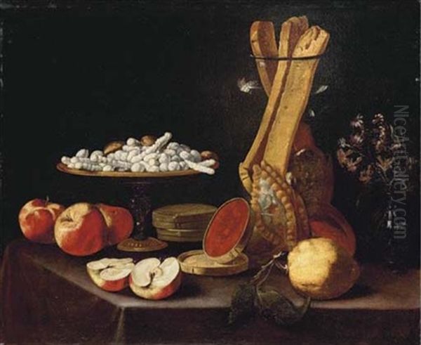 Sweets On A Tazza, Narcissi In A Glass Vase, Breadsticks In A Jar, And Apples, Jelly And A Lemon On A Draped Table by Paolo Antonio Barbieri