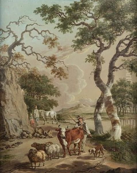 A Shepherd And His Flock On A Country Path With A Couple In A Wagon Approaching (+ A Drover With A Bull, Sheep And A Ram On A Country Path; Pair) by Pieter Barbiers the Elder