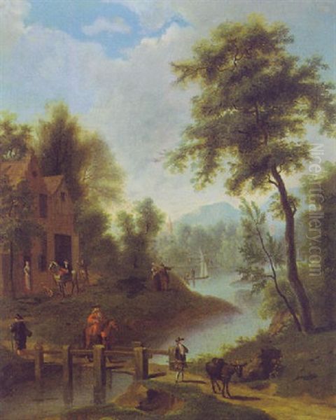 Bewaldete Fluslandschaft Mit Bauernhausern Und Reisenden by Pieter Barbiers the Elder