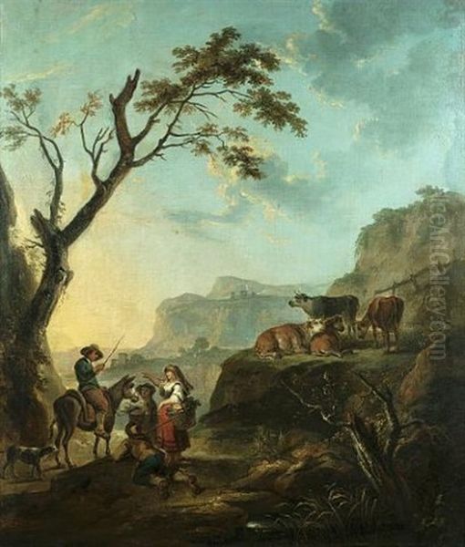 A Rocky Landscape With Travellers On A Path And Cattle Grazing Nearby by Thomas Barker