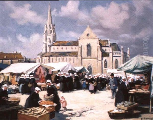 Le Marche A Elven Sur La Place De L'eglise by Henri Alphonse Barnoin