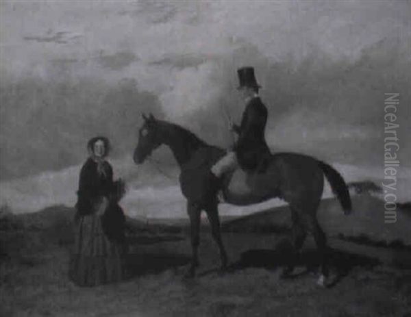 Gentleman On Bay Hunter With Lady Offering Sugar Lumps To Horse by Henry Barraud