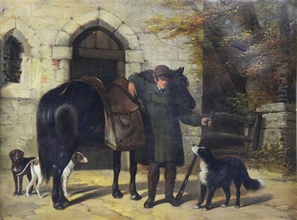 Courtyard Scene With Huntsman, Horse And Hounds by William Barraud