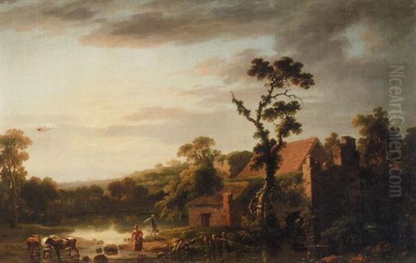 Landscape With Rustics And Cattle By A House In The Foreground by George Barret