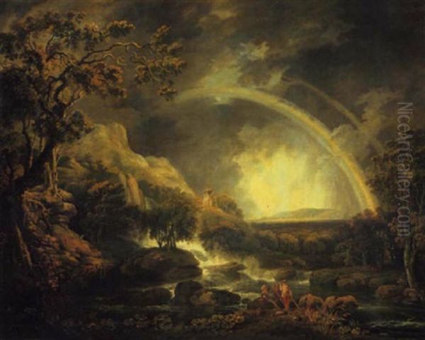 An Extensive Wooded River Landscape, With Anglers Beside A Pool Below A Waterfall And A Rainbow by George Barret