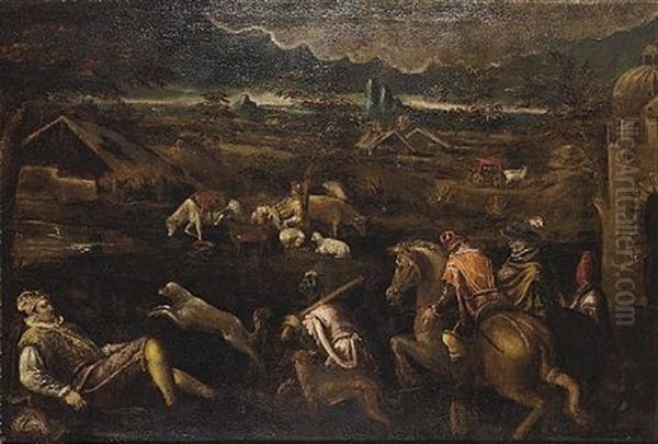 An Extensive Landscape With An Elegant Hunting Party by Francesco Bassano the Younger