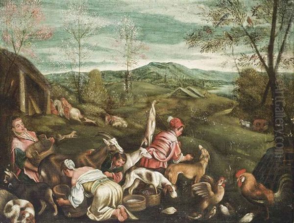 A Shepherdess And Her Flock, With Hounds And Poultry, A Carriage In A Landscape Beyond by Francesco Bassano