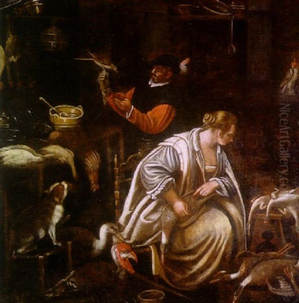 An Interior Scene With A Male Figure Holding A Falcon And An Apple And A Lady Plucking A Duck With Numerous Other Fowl And A Cat On A Chair In The Foreground by Jacopo dal Ponte Bassano