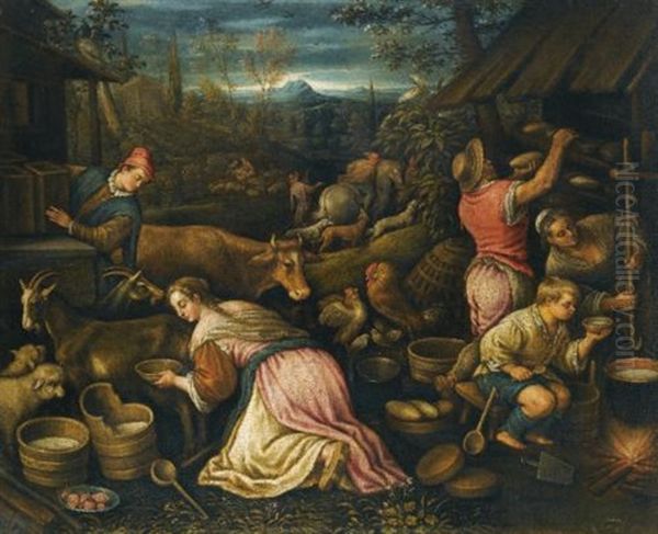 Spring - A Village Scene With Peasants Milking Goats And Baking Bread by Leandro da Ponte Bassano