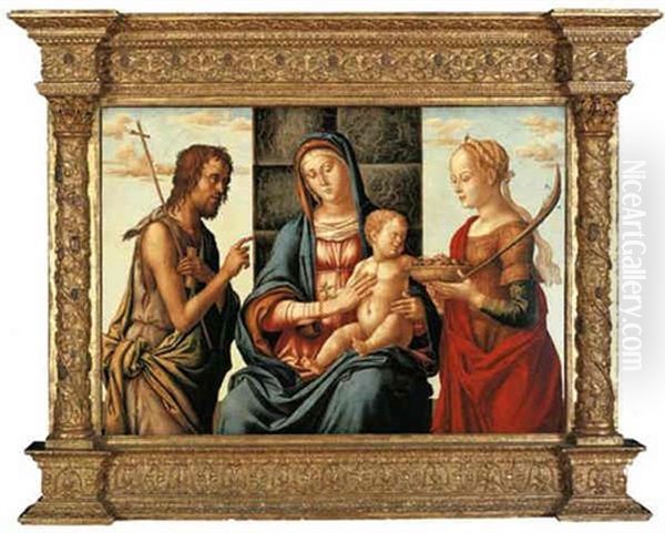 The Madonna And Child Enthroned With Saints John The Baptist And Dorothy by Lazzaro di Jacopo Bastiani