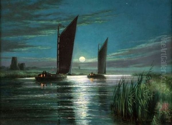 Wherries Passing St. Benet's Abbey In Moonlight by Stephen John Batchelder