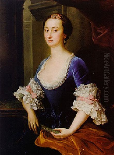 Portrait Of A Lady In A Blue Velvet Dress Holding A Fan by Pompeo Girolamo Batoni