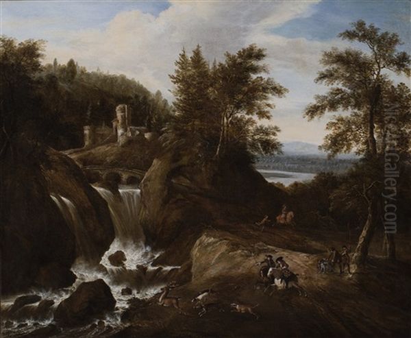 A Deer Hunt In A Wooded Landscape With A Waterfall by Gerrit (Gerard) Battem