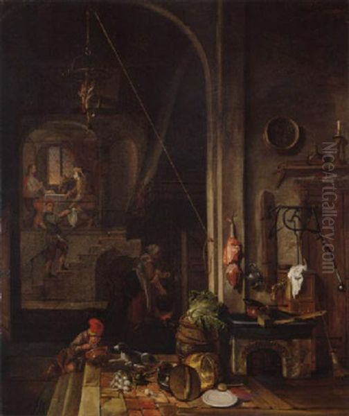 The Interior Of A Kitchen With The Supper At Emmaus by Gerrit (Gerard) Battem