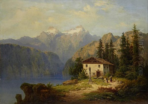 Alpine Lake Scene With Figures Before A Cottage by Henri Baumgartner