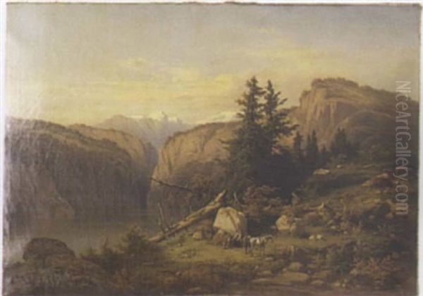 Mountainous Landscape Depicting A Family Picnicking By A Stream by Henri Baumgartner