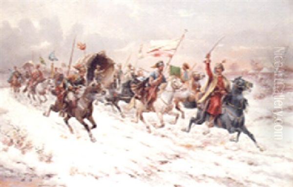 Charging Cavalry In A Winter Landscape by Adolf (Constantin) Baumgartner-Stoiloff