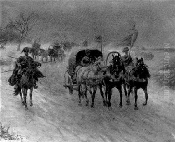 Kossacks In The Snow by Adolf (Constantin) Baumgartner-Stoiloff