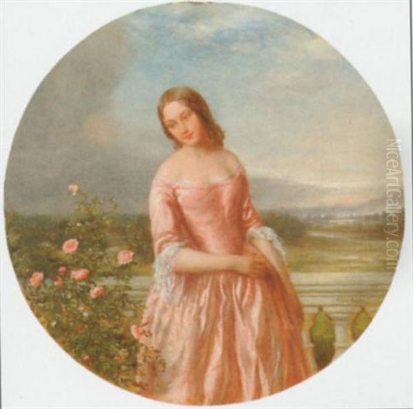 A Young Lady On An Italianate Balcony Against A Landscape by Charles Baxter