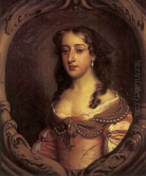 Portrait Of A Lady Wearing A Pink Dress With Pearl Decoration In A Carved Stone Oval by Mary Beale